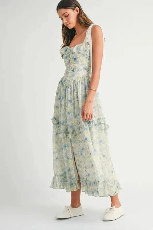 MABLE Floral Printed Shoulder Strap Midi Dress - VILLA FASHION