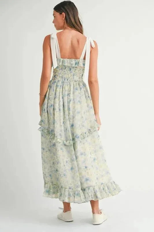 MABLE Floral Printed Shoulder Strap Midi Dress - VILLA FASHION