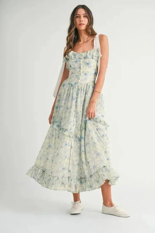 MABLE Floral Printed Shoulder Strap Midi Dress - VILLA FASHION