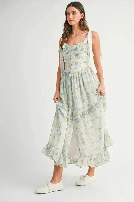 MABLE Floral Printed Shoulder Strap Midi Dress - VILLA FASHION