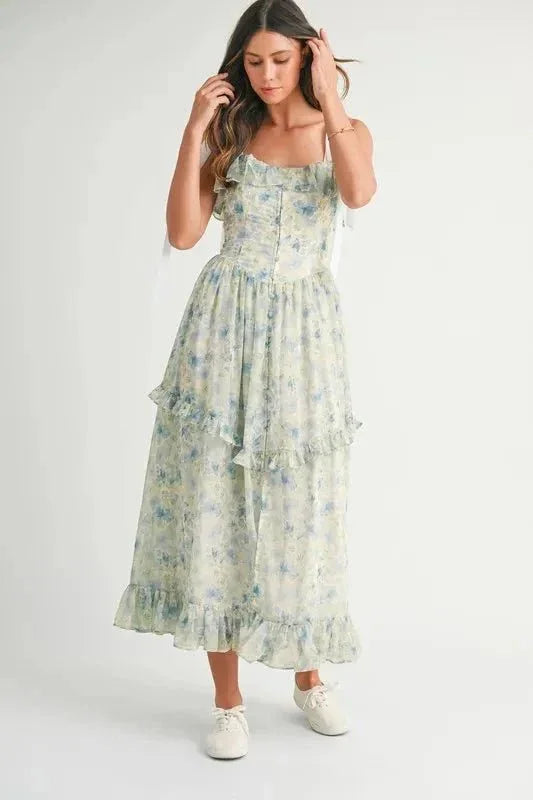 MABLE Floral Printed Shoulder Strap Midi Dress - VILLA FASHION