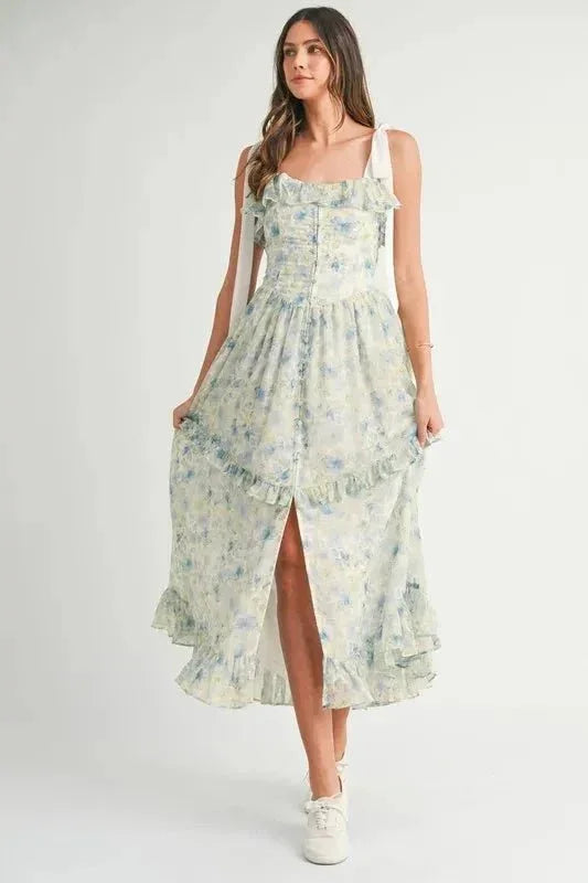 MABLE Floral Printed Shoulder Strap Midi Dress - VILLA FASHION