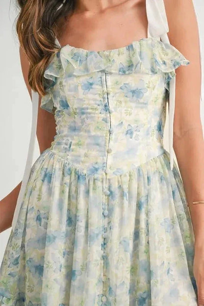 MABLE Floral Printed Shoulder Strap Midi Dress - VILLA FASHION