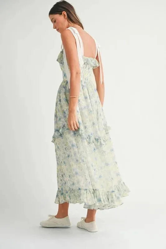 MABLE Floral Printed Shoulder Strap Midi Dress - VILLA FASHION