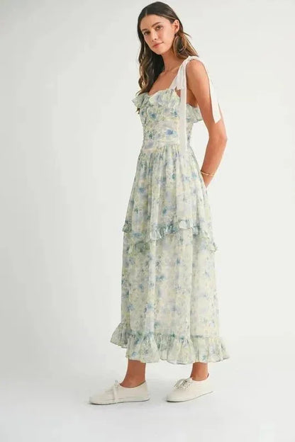 MABLE Floral Printed Shoulder Strap Midi Dress - VILLA FASHION