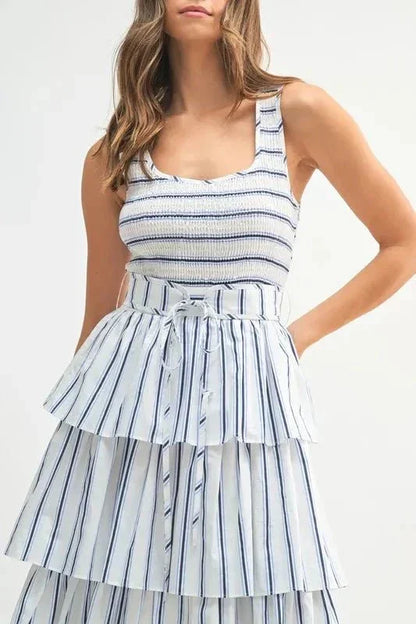 MABLE Pin Stripe Smocked Bodice Layered Midi Dress - VILLA FASHION