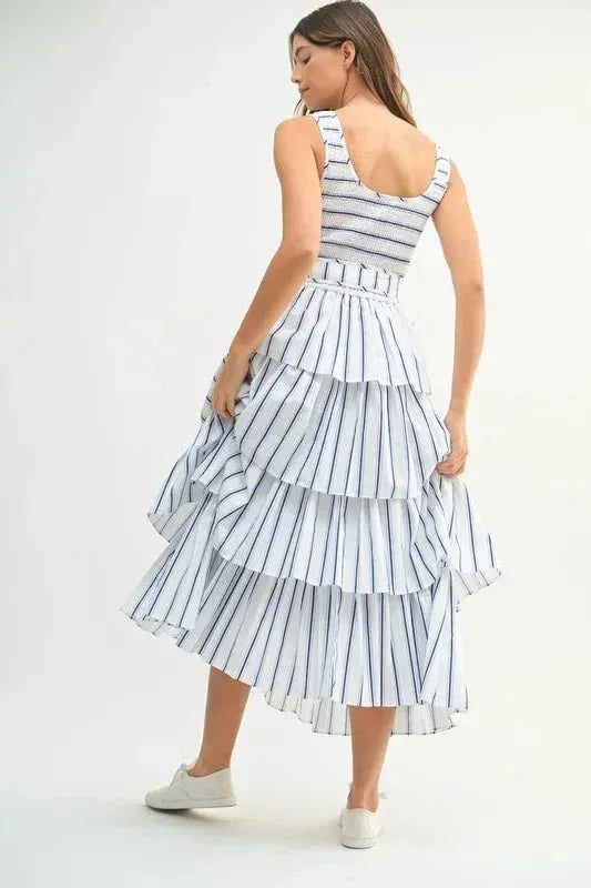 MABLE Pin Stripe Smocked Bodice Layered Midi Dress - VILLA FASHION