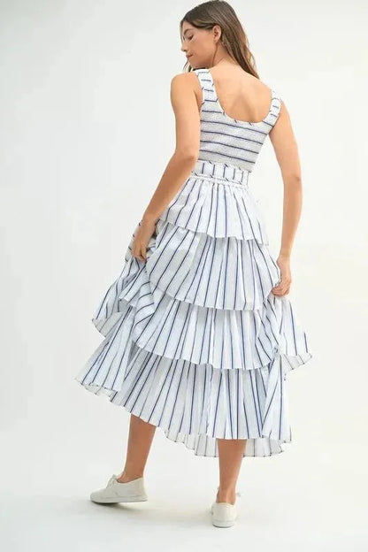 MABLE Pin Stripe Smocked Bodice Layered Midi Dress - VILLA FASHION
