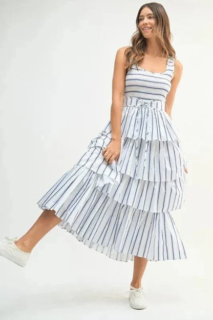 MABLE Pin Stripe Smocked Bodice Layered Midi Dress - VILLA FASHION