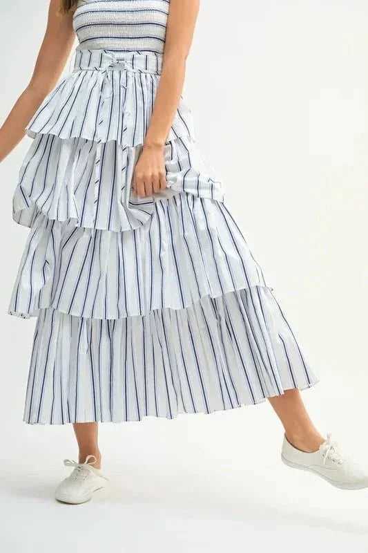 MABLE Pin Stripe Smocked Bodice Layered Midi Dress - VILLA FASHION