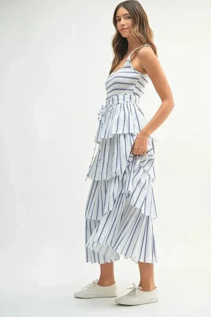 MABLE Pin Stripe Smocked Bodice Layered Midi Dress - VILLA FASHION