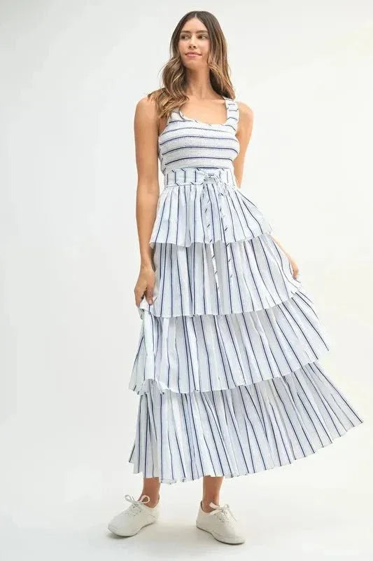 MABLE Pin Stripe Smocked Bodice Layered Midi Dress - VILLA FASHION