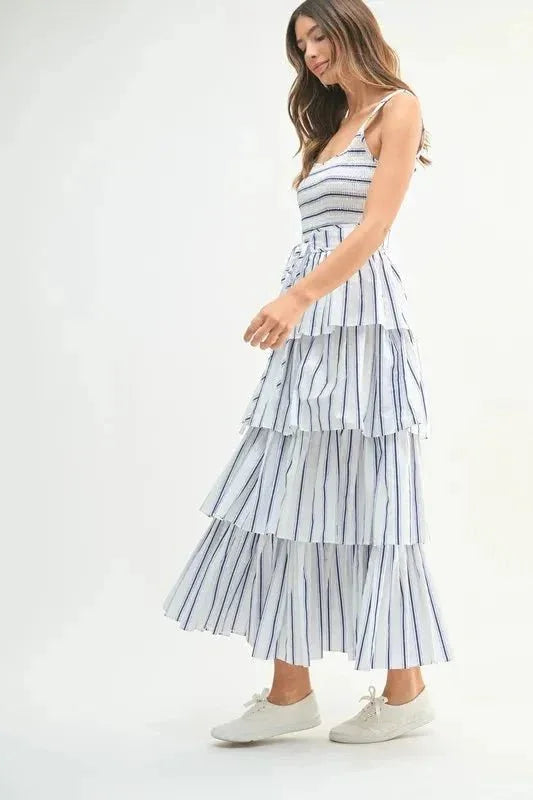 MABLE Pin Stripe Smocked Bodice Layered Midi Dress - VILLA FASHION