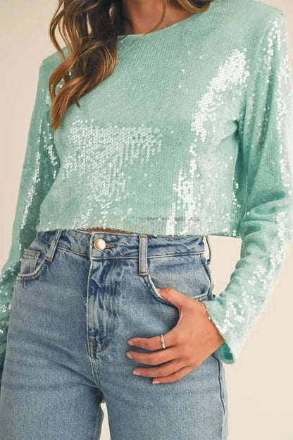 MABLE Shoulder Padded Sequin Crop Top - VILLA FASHION