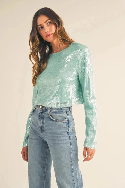 MABLE Shoulder Padded Sequin Crop Top - VILLA FASHION