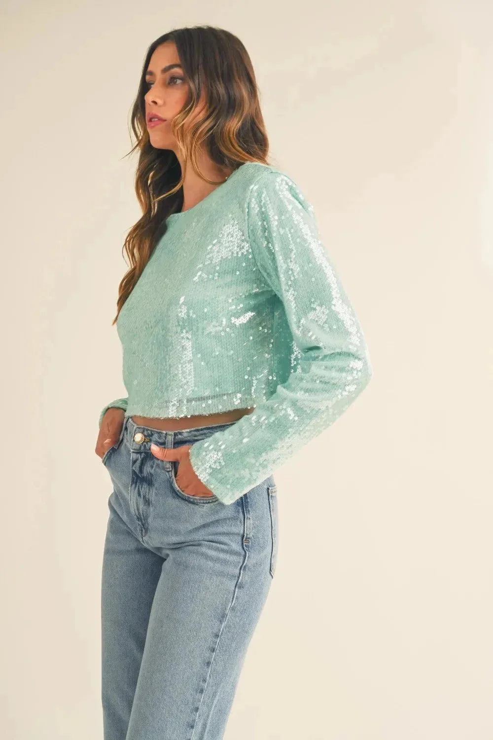 MABLE Shoulder Padded Sequin Crop Top - VILLA FASHION