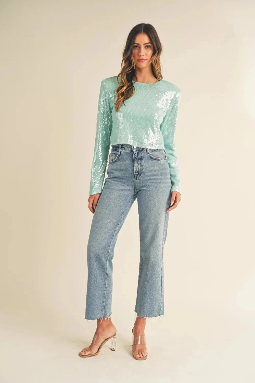 MABLE Shoulder Padded Sequin Crop Top - VILLA FASHION