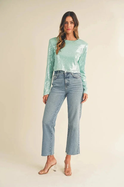 MABLE Shoulder Padded Sequin Crop Top - VILLA FASHION
