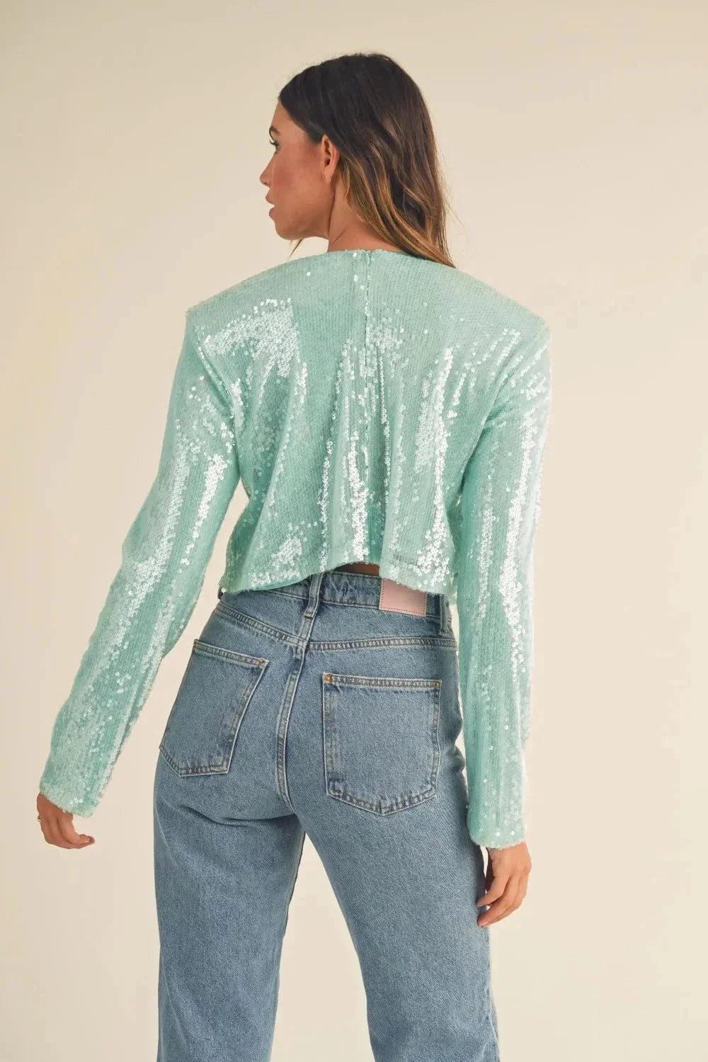 MABLE Shoulder Padded Sequin Crop Top - VILLA FASHION