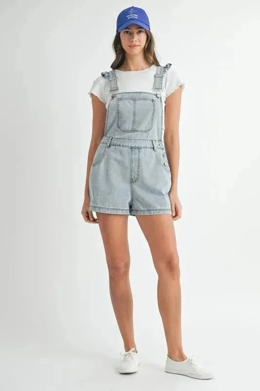 MABLE Square Neck Ruffle Shoulder Denim Overall Romper - VILLA FASHION