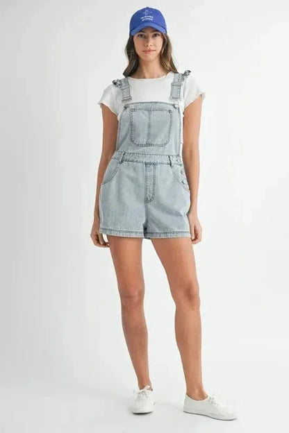 MABLE Square Neck Ruffle Shoulder Denim Overall Romper - VILLA FASHION