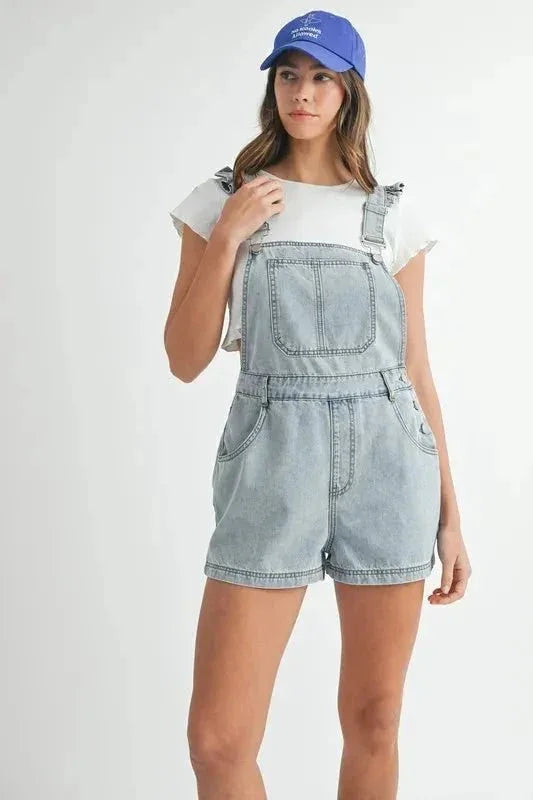MABLE Square Neck Ruffle Shoulder Denim Overall Romper - VILLA FASHION