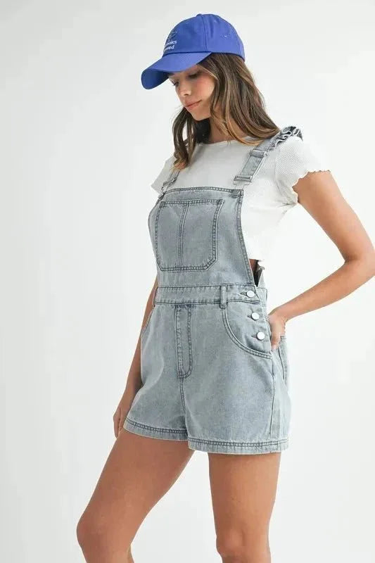 MABLE Square Neck Ruffle Shoulder Denim Overall Romper - VILLA FASHION