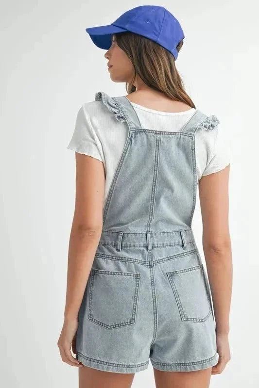 MABLE Square Neck Ruffle Shoulder Denim Overall Romper - VILLA FASHION