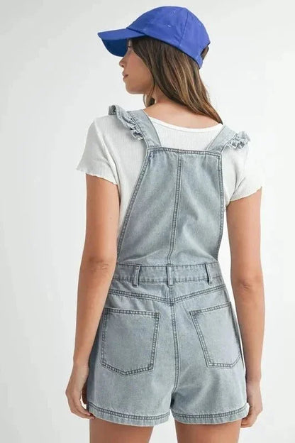 MABLE Square Neck Ruffle Shoulder Denim Overall Romper - VILLA FASHION
