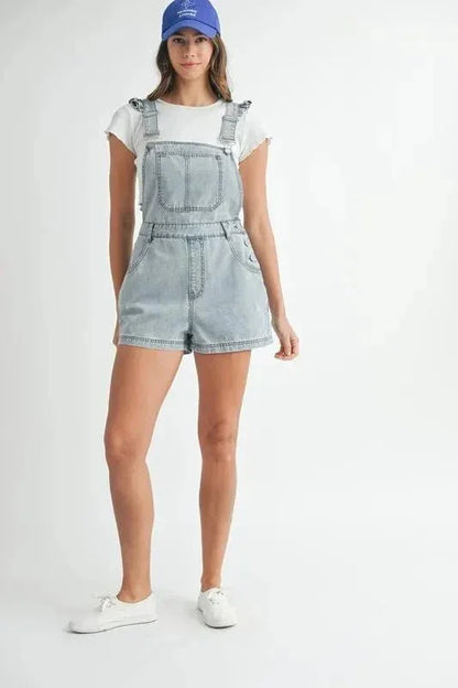 MABLE Square Neck Ruffle Shoulder Denim Overall Romper - VILLA FASHION