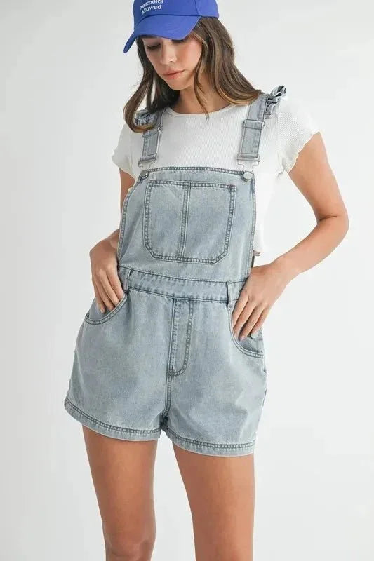 MABLE Square Neck Ruffle Shoulder Denim Overall Romper - VILLA FASHION
