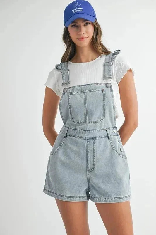 MABLE Square Neck Ruffle Shoulder Denim Overall Romper - VILLA FASHION