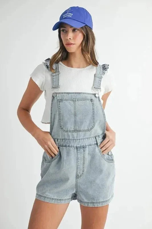 MABLE Square Neck Ruffle Shoulder Denim Overall Romper - VILLA FASHION