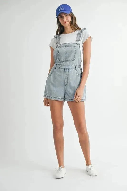 MABLE Square Neck Ruffle Shoulder Denim Overall Romper - VILLA FASHION