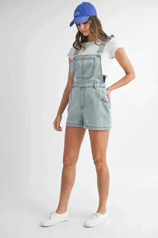 MABLE Square Neck Ruffle Shoulder Denim Overall Romper - VILLA FASHION