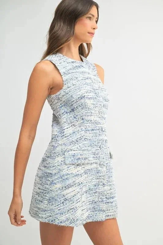 MABLE Tweed Sleeveless Button Down Mini Dress - VILLA FASHION