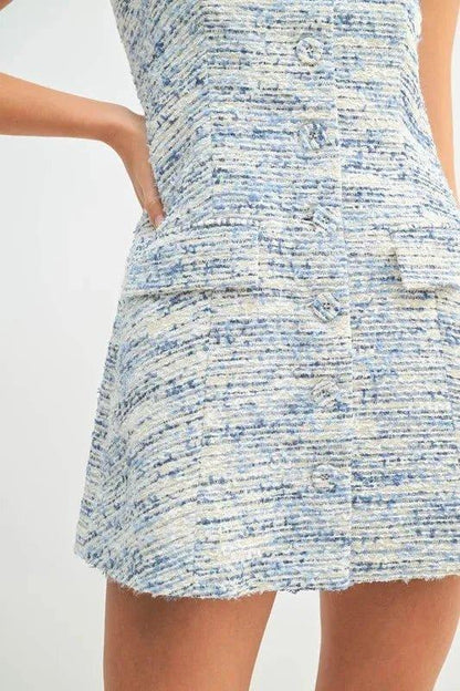 MABLE Tweed Sleeveless Button Down Mini Dress - VILLA FASHION