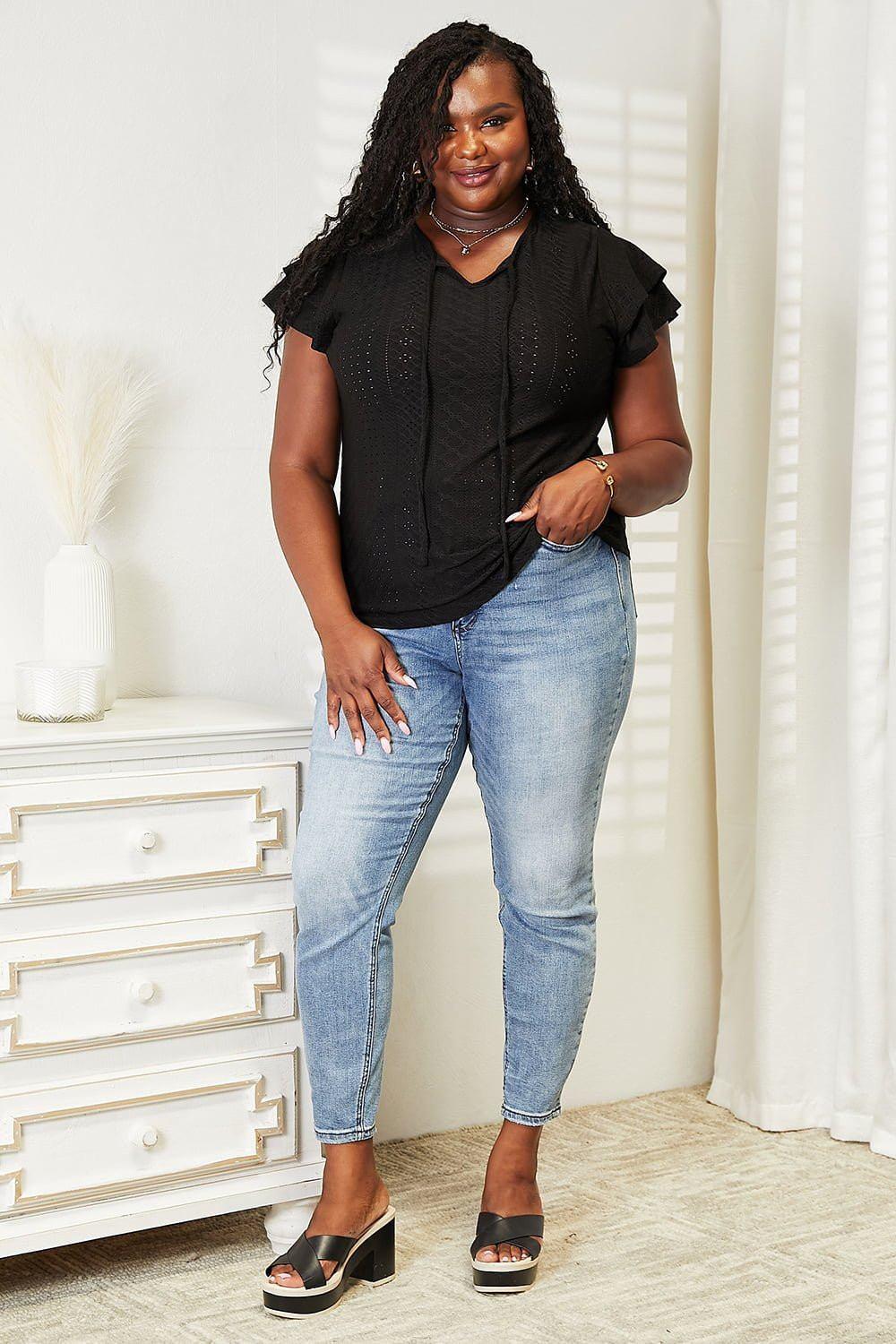 Mandy Eyelet Tie - Neck Flutter Sleeve Blouse - VILLA FASHION