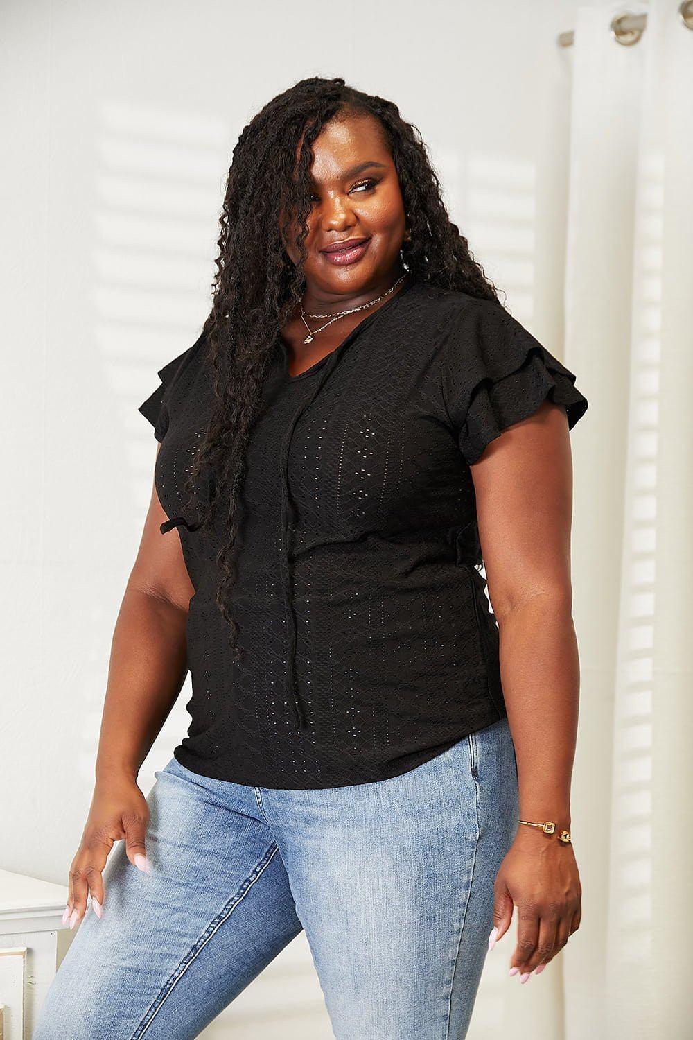 Mandy Eyelet Tie - Neck Flutter Sleeve Blouse - VILLA FASHION