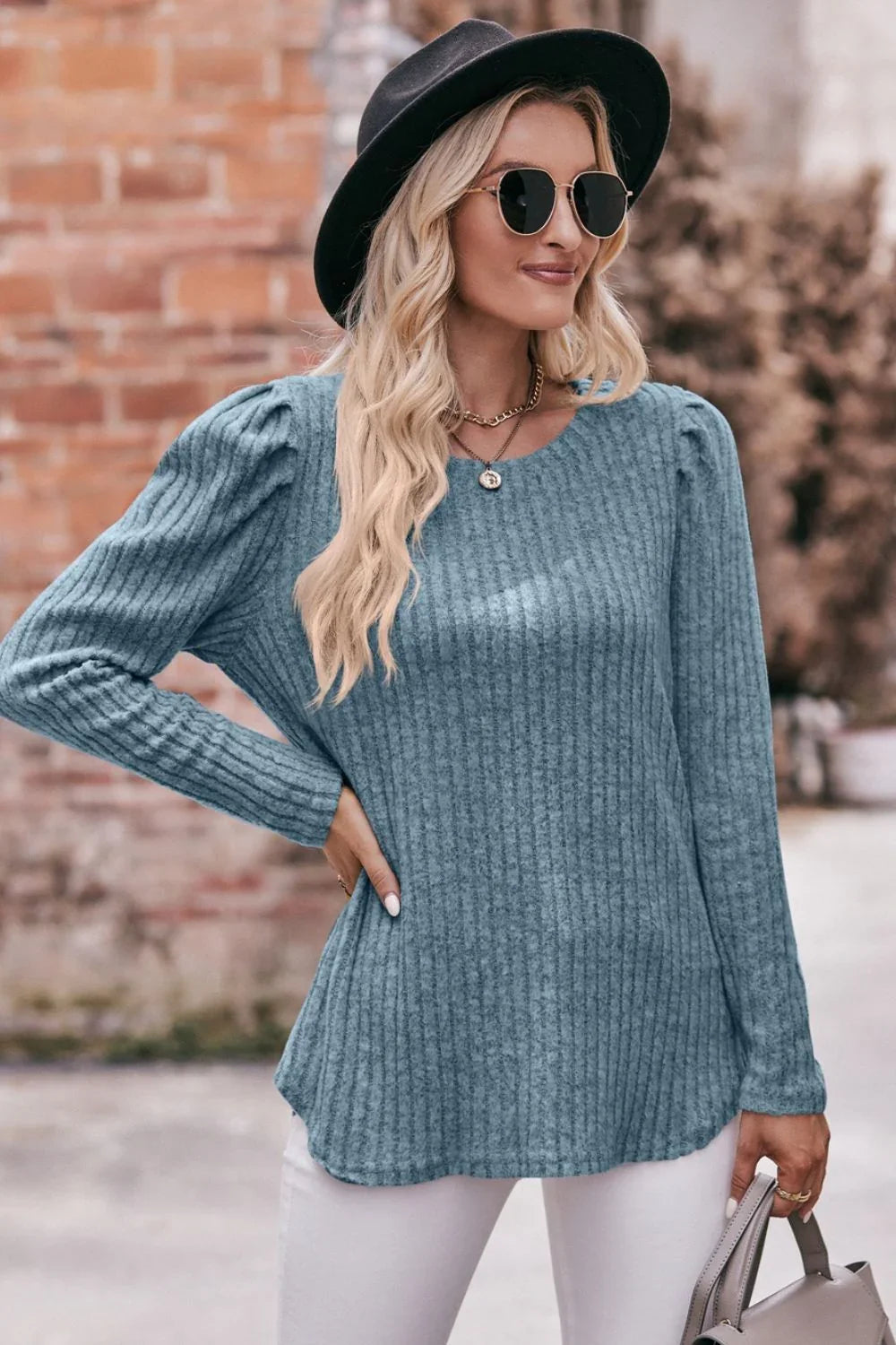 Mandy Round Neck Puff Sleeve Ribbed Top - VILLA FASHION