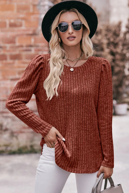 Mandy Round Neck Puff Sleeve Ribbed Top - VILLA FASHION
