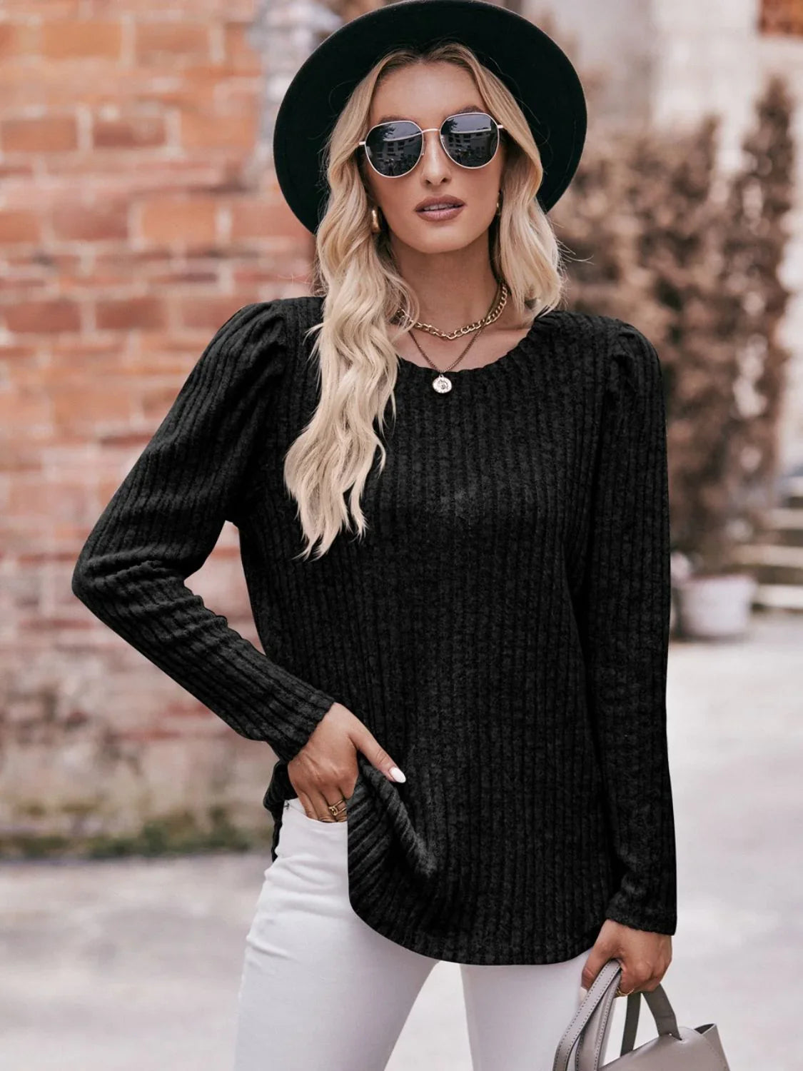 Mandy Round Neck Puff Sleeve Ribbed Top - VILLA FASHION