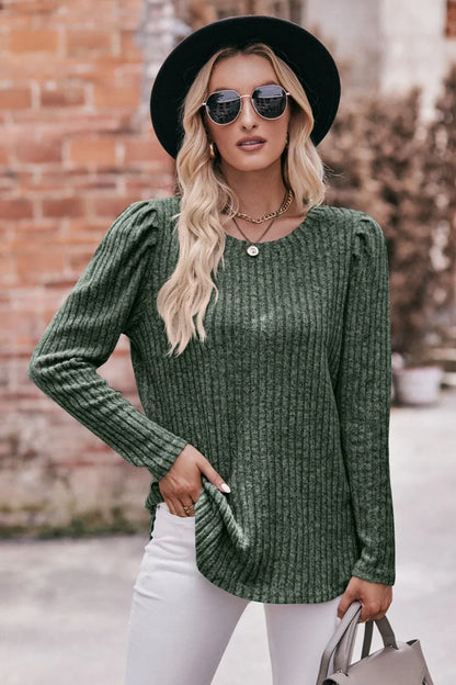Mandy Round Neck Puff Sleeve Ribbed Top - VILLA FASHION