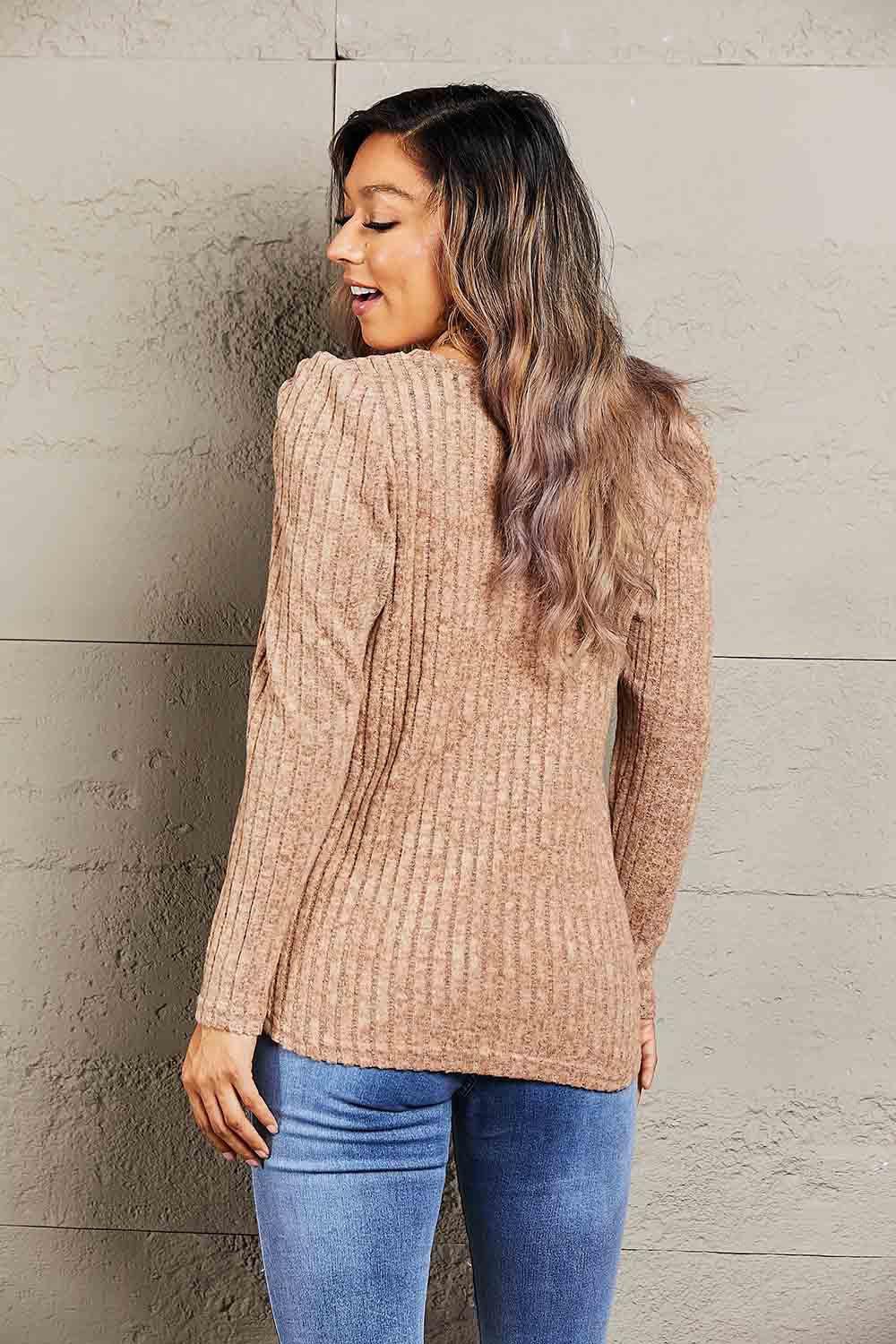Mandy Round Neck Puff Sleeve Ribbed Top - VILLA FASHION