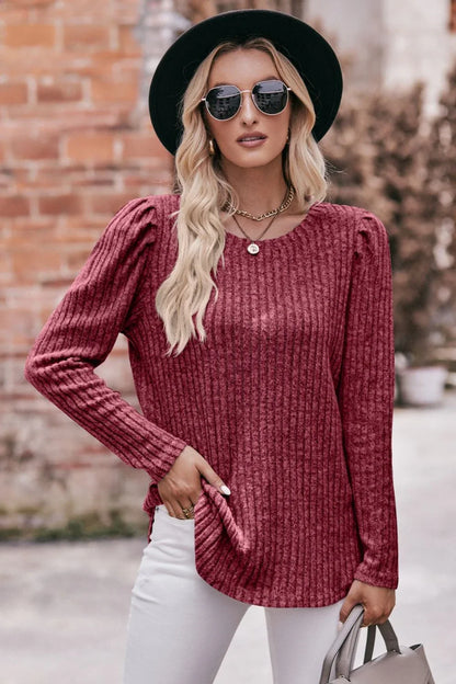 Mandy Round Neck Puff Sleeve Ribbed Top - VILLA FASHION