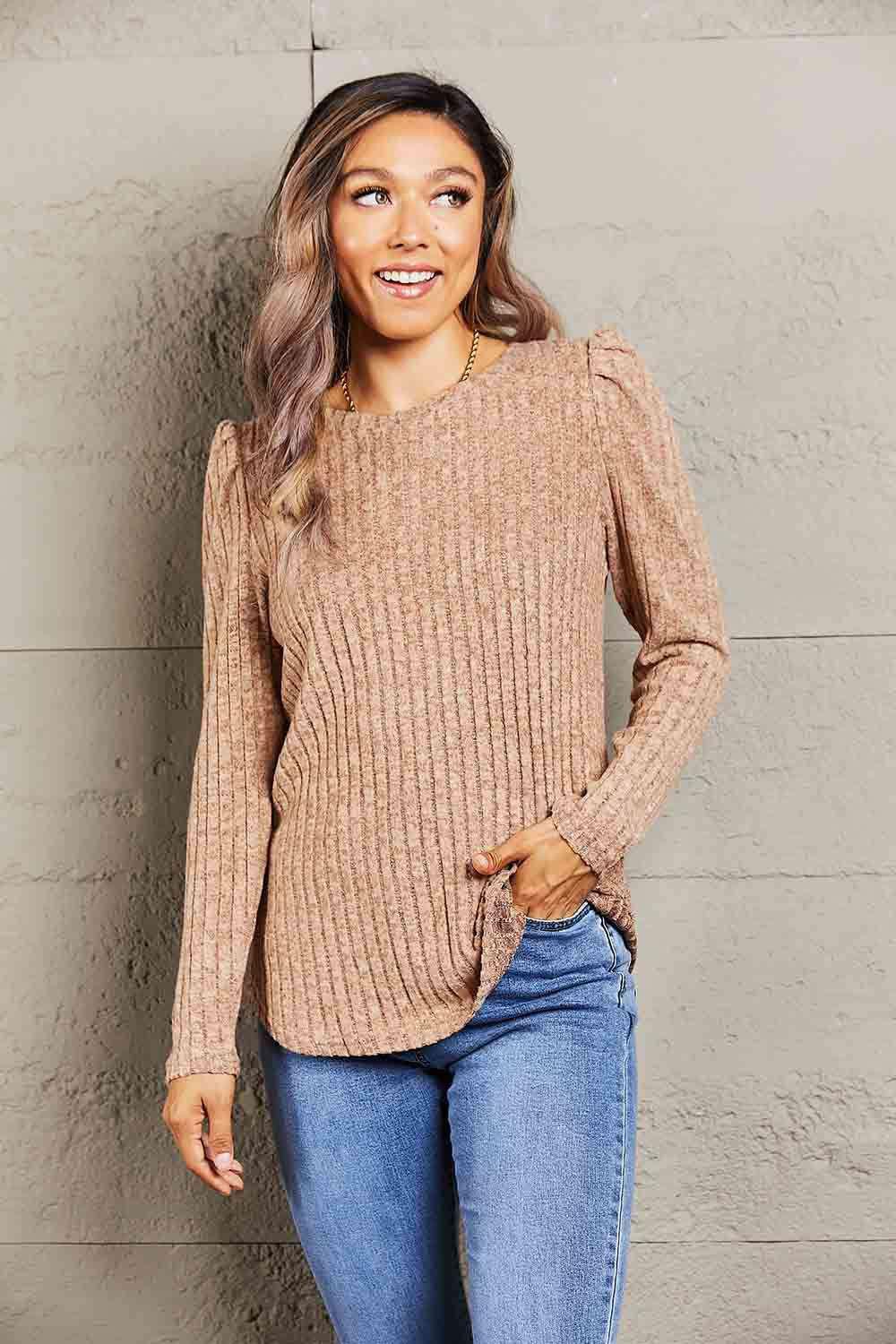 Mandy Round Neck Puff Sleeve Ribbed Top - VILLA FASHION