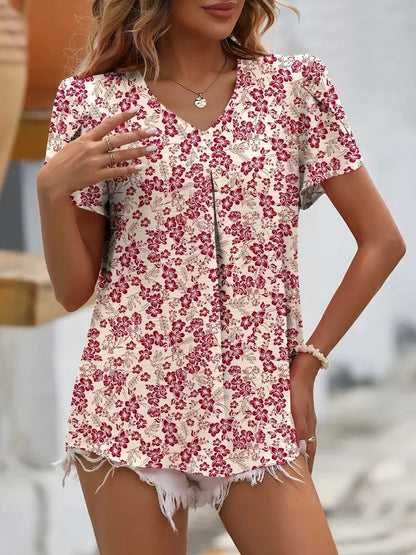 Mandy Ruche V - Neck Petal Sleeve Top - VILLA FASHION