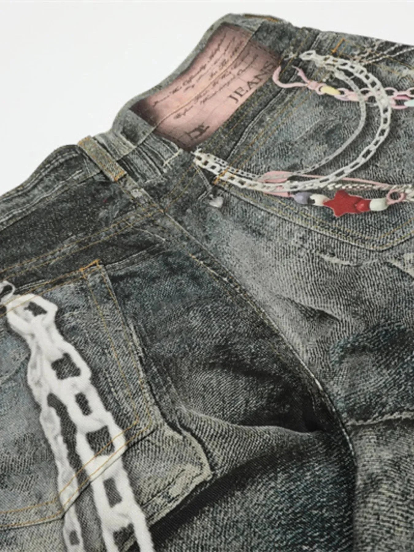 Men's Colorful Beaded Chain Print Denim Shorts - VILLA FASHION