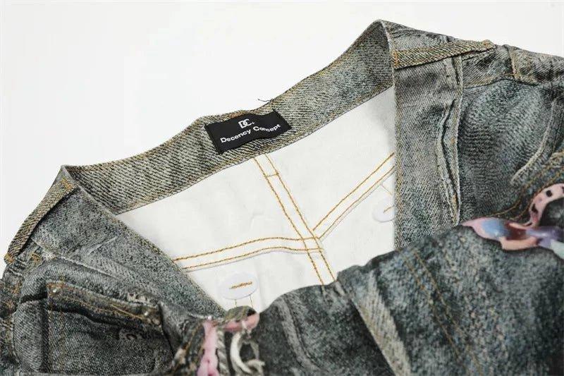 Men's Colorful Beaded Chain Print Denim Shorts - VILLA FASHION