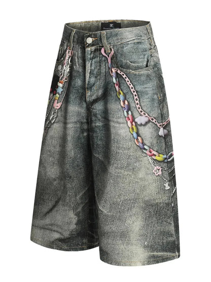 Men's Colorful Beaded Chain Print Denim Shorts - VILLA FASHION